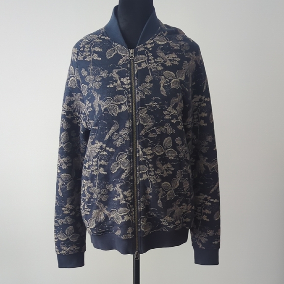 Frank + Oak Quilted Botanical Print Design Jacket in Rich Navy - Picture 1 of 10